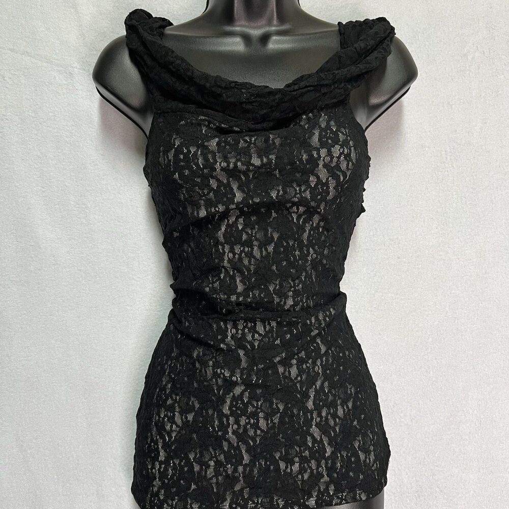 Moda International Sheer Black Lace Crisscross Back Cowl Neck Top S Y2K Coquette